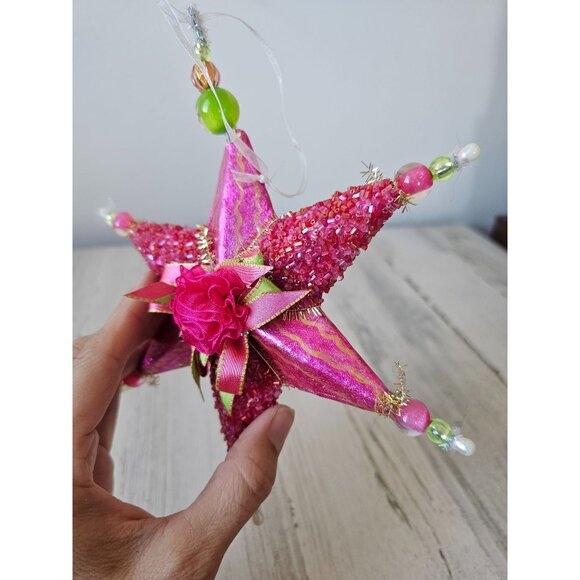 Sequin star beaded ribbon ornament pink Xmas tree green very unique well made - Picture 5 of 9